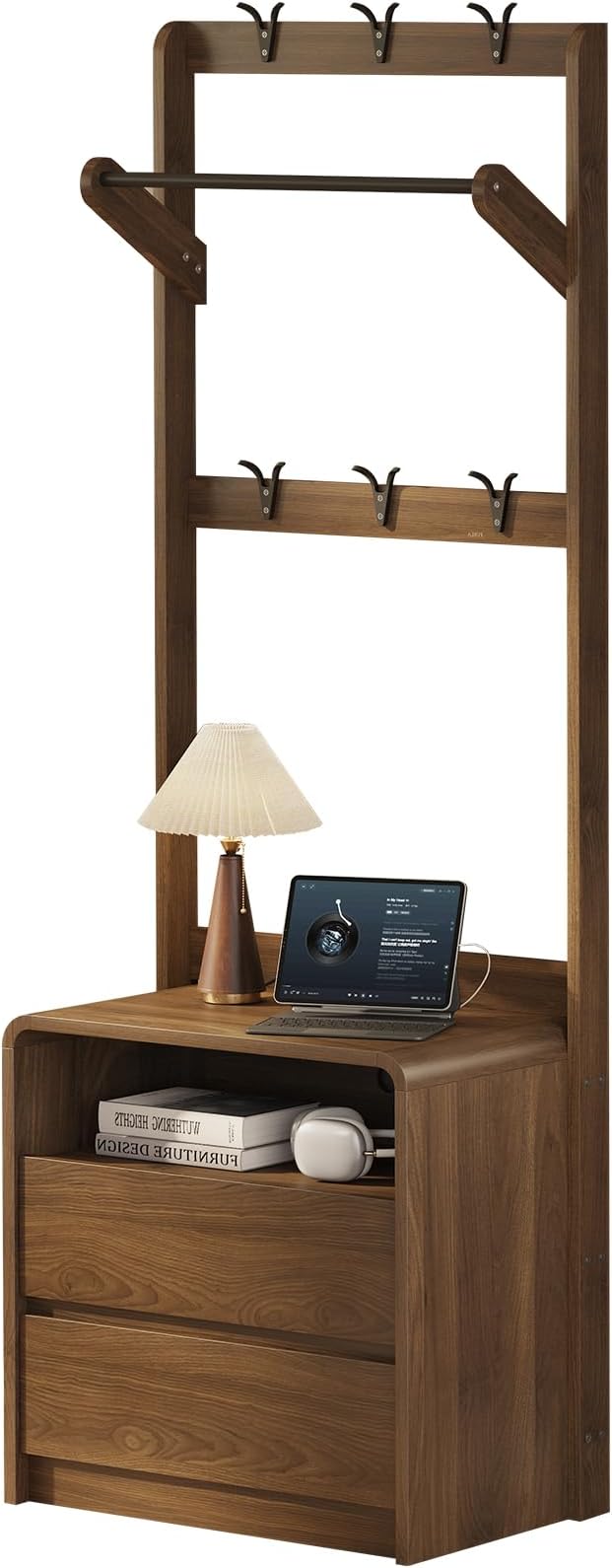 Messenya Mid Century Modern Bedroom Nightstand with Clothes Rack and Hooks | Bedside Table with Hanging Rod, 6 Storage Hooks, Charging Station, Dual Drawers, Rounded Corner, Open Shelf, Walnut Finish