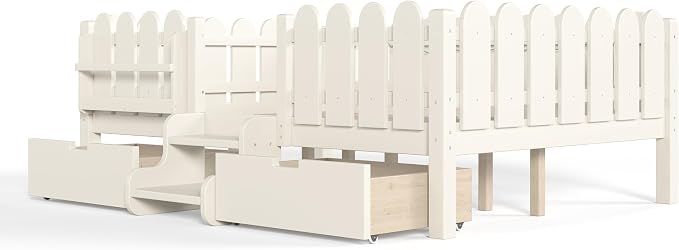 Bellemave Full Kids Montessori Bed with Stairs, Bookshelf and LED Lights, Solid Wood Kids Bed Frame with Storage Drawers for Boys Girls, Low Profile,Beige