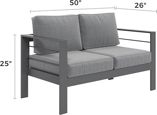 Kiss the Water Loveseat Aluminum Outdoor Patio Sofa Set, All Weather Rust-Proof Metal Patio Couch, Modern Outdoor Furniture for Backyard Porch Garden, 5" Thick Waterproof Olefin Cushions, Light Grey
