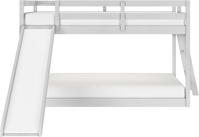 Grain & Grove Bear Twin Over Twin Bunk Bed with Slide, Low Bunk Bed Frame for Kids, Bunk with Ladder, Guardrail, and Slats, No Box Spring Required, Brushed White