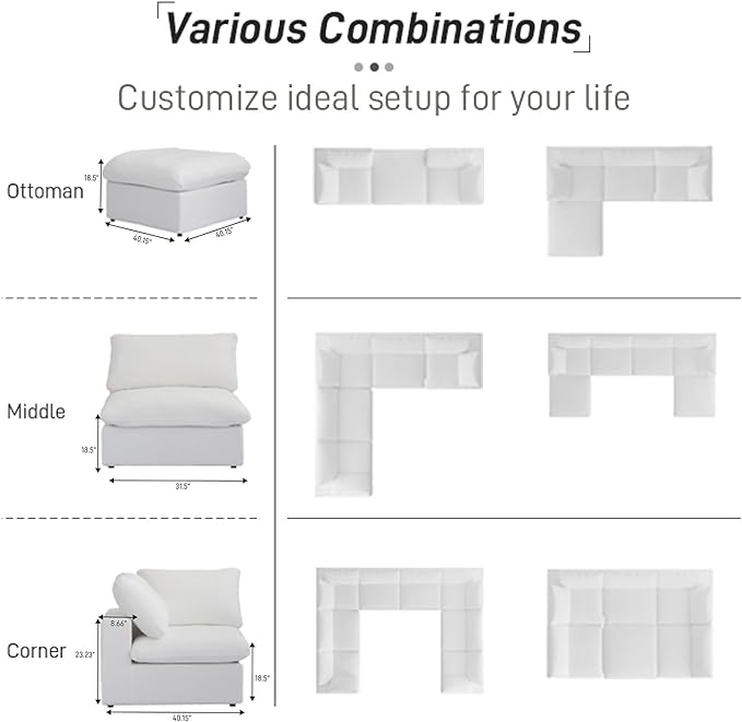 Cloud Modular Sectional Sofa Couch,Oversized U Shaped Couch 6 Seater for Living Room,160.6" Down Filled Convertible Couches with Storage Ottoman, Covers Washable&Replaceable,White