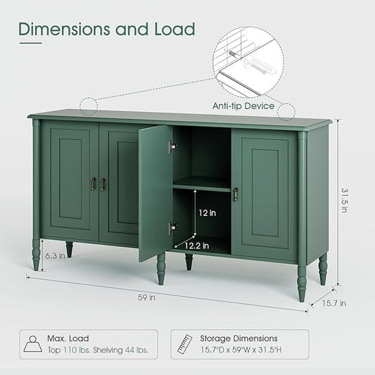 JOINICE 59" Sideboard Buffet Cabinet with Storage for Dining Room,Green | Vintage Credenza with Adjustable Shelves & Solid Wood Legs,supports up to 100 lbs,for Kitchen,Bar,Hallway,TV Console