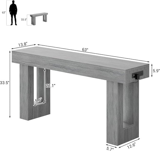 Unikito 63'' Farmhouse Console Table with Power Outlets and Sensor Light, Wooden Entryway Table with Storage, Rectangular Sofa Tables Behind The Couch for Entrance, Hallway, Living Room, Oak