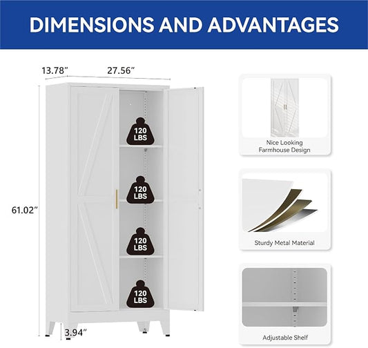 COFaR Metal Pantry Cabinet with Doors, Farmhouse 61'' Tall Storage Cabinet with 3 Adjustable Shelves, Kitchen Pantry Cabinet for Dinning Room, Laundry, Bathroom, Garage, White 4-Tier