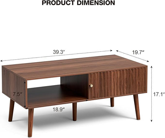 LCRBOL Coffee Table with Fluted Sliding Door, Mid-Century, Walnut | 39.3"L x 19.7"W x 17.1"H, double-sided sliding door & open shelf (7.5" clearance), golden knob, 5 tapered legs