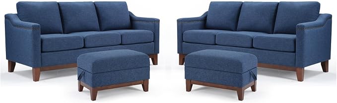 HAOMARKETS 3 Piece Fabric Sofa Set with Nailhead Trim, Included 3-Seater Couches Set of 2 with Thicked Cushion and Upholstered Storage Ottoman with Flip-Top Table, Living Room Furniture Set,Blue