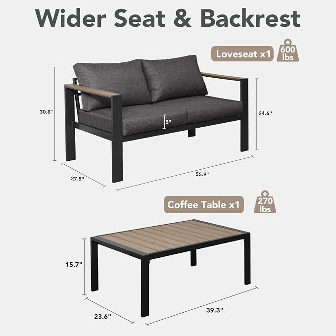 Patio Furniture Set Loveseat and Coffee Table All-Weather Patio Sofa with Washable Thick Cushions, Deluxe Aluminum Modern Outside Sectional for Porch, Balcony, Deck, Yard, Dark Gray