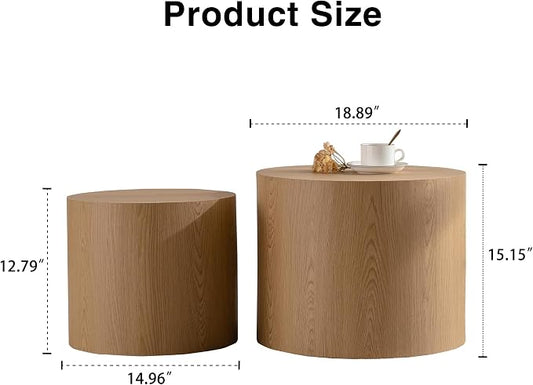 Nesting Round Coffee Table Set of 2, Small Circle Accent End Table for Small Spaces, Wooden Center Table, Morden Drum Side Table for Living Room, Fully Assembled - Natural