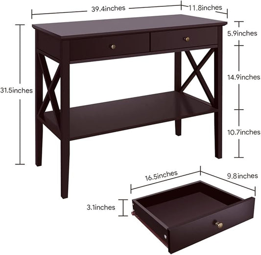ChooChoo Console Table with Drawers, Narrow Wood Accent Sofa Table Entryway Table with Storage Shelf for Entryway, Front Hall, Hallway, Living Room, Espresso