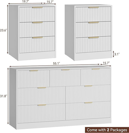 7 Drawer Dresser & Nightstand Set, 3-Piece White Fluted Dresser and Night Stand Set of 2 with Metal Handle, Modern Wood Chest of Drawers Storage Dressers Set for Bedroom, White