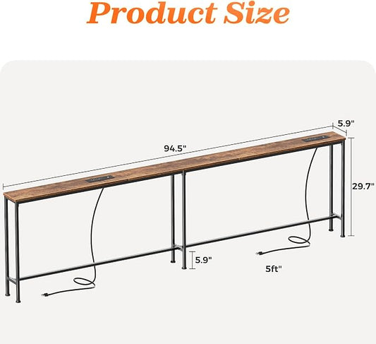 SUPERJARE 94.5 Inch Sofa Table with 2 Power Outlets and USB-C Ports, 5.9 Inch Narrow Console Table with Storage, Long Entryway Hallway Couch Table Behind Sofa, Small Spaces, Living Room, Rustic Brown