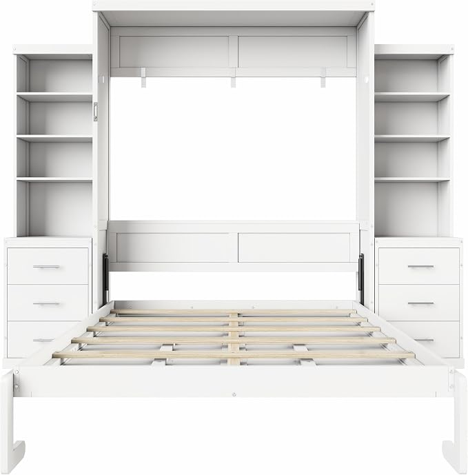Murphy Bed Full Size,Murphy Bed with Storage Shelves and Drawers,Wall Bedframe w/Wood Slatk,can be Folded,No Box Spring Needed,for Bedroom Apartment,White