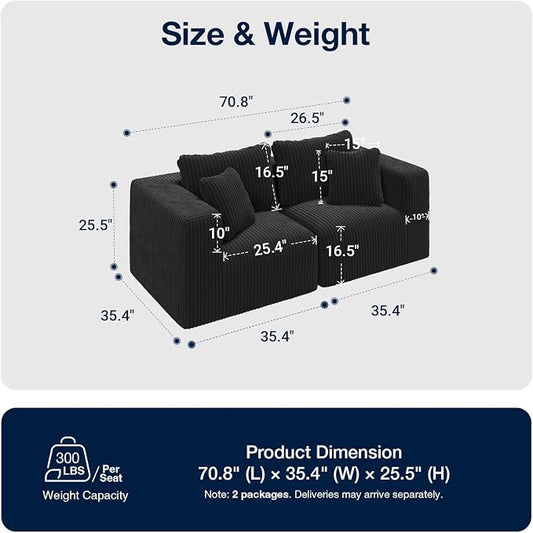 Avenco 71” 2-Seater Modular Loveseat Sofa Couch, Individually Wrapped Coil Support & Corduroy Fabric, Zero Assembly 2-Piece Set for Small Space, Black