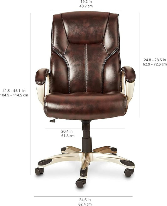Amazon Basics Executive High Back Office Chair, Adjustable Height, Tilt, Swivel, Padded Armrests, Brown/Gold
