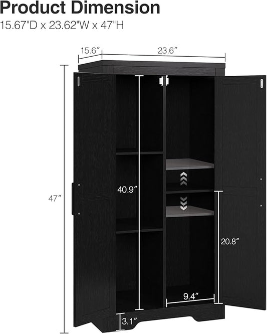 Befrases 47" Kitchen Pantry Cabinet, Farmhouse Kitchen Pantry Storage Cabinets with 2 Door and 2 Adjustable Shelves, Freestanding Cupboard for Dining Room, Living Room, Bathroom (Black)
