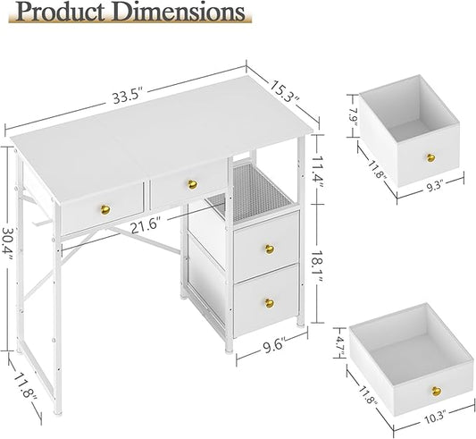 3IngSeagulls Small Computer Desk with 4 Fabric Drawers, Simple Writing Desk for Home Office, Compact Study Desks for Small Spaces, Kids Desk Study for Bedroom, White
