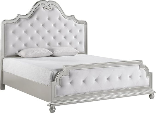First of a Kind Roma Silver Finish Traditional 5 Piece King Bedroom Set with Upholstered Tufted Headboard Classic European Style Coordinated Furniture Collection