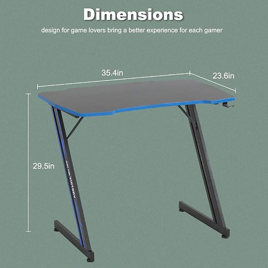 BestOffice Gmaing Desk 35.4in PC Computer Desk, Blue Ergonomic Gaming Table Z Shaped Gaming Workstation with Headphone Hook for Home Office,Blue