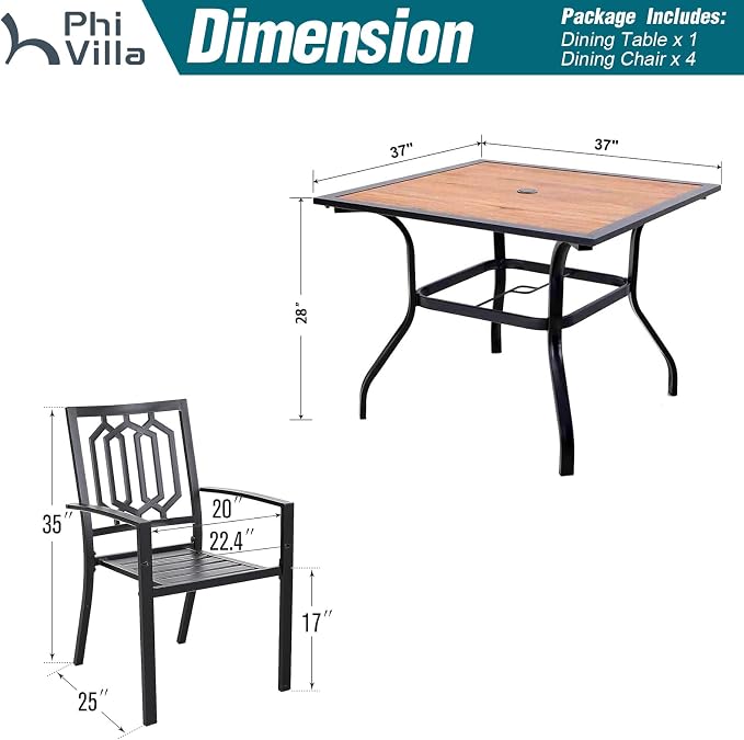 PHI VILLA 5 Piece Outdoor Dining Set for 4, 37" Square Metal Table with Polywood Top & Stacking Wrought Iron Chairs, Outside Furniture for Patio, Deck, Yard, Porch