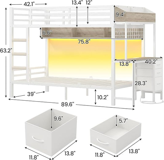 VIAGDO Bunk Bed Twin Over Twin with Charging Station and LED Lights, Heavy Duty Metal Bunk Bed with Desk and 3 Storage Drawers, Utility Storage Shelf and Boxes, No Box Spring Needed, White