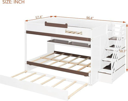 Wood Bunk Bed Full Over Full Size with Storage Staircase and Shelves, Bunk Beds Frame with Trundle and LED for Kids Teens, Space-Saving (White-12.15)