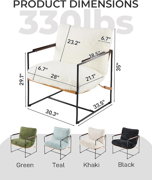 Karl home Modern Metal Frame Accent Chair, Creamy | Plush Fleece Upholstered, Wood Padded Armrest, 28" Seat Width, Comfy Lounge Armchair for Living Room, Bedroom, Apartment