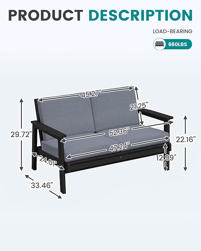 SERWALL HDPE Outdoor Patio Loveseat, All Weather Wood-Like Outdoor Sofa HDPE Outdoor Furniture, Black Frame and Grey Cushion