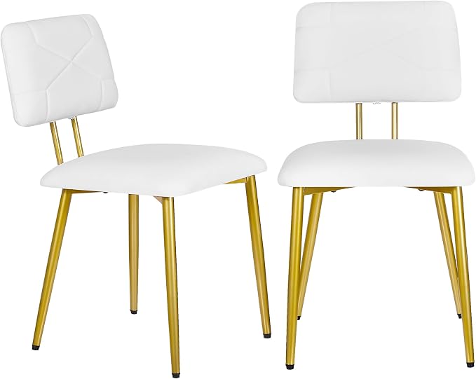 VECELO Dining Chairs Set of 2, Modern Upholstered Kitchen Chairs with Faux Leather Cushion Seat & Metal Legs for Kitchen, Living Room, Tufted Backrest Design, White