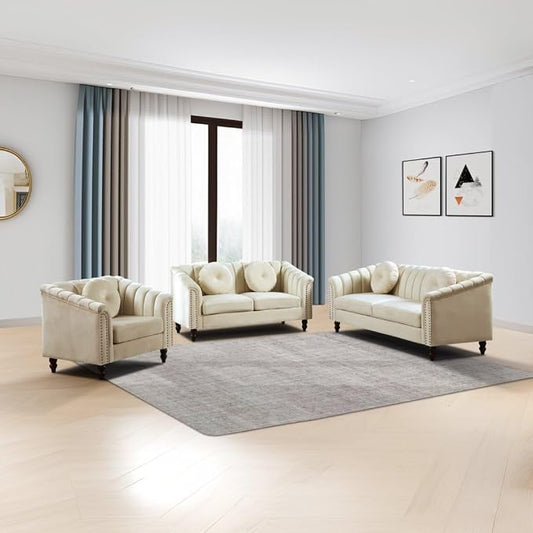 Sectional Sofa Set, Microfiber Chesterfield Upholstered Sofas Loveseat Couch Chair Sets with Style Button Tufted, Scroll Arms and Nailhead for Living Room, Office, Apartment, White,S