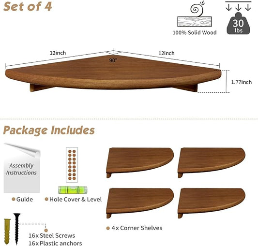 Forbena Corner Bookshelf Wall Mounted Set of 4, Wooden Floating Book Shelves for Nursery, Large Wall Shelving Unit for Living Room Bedroom Bathroom Kitchen Office Classroom Corner (Walnut Color)