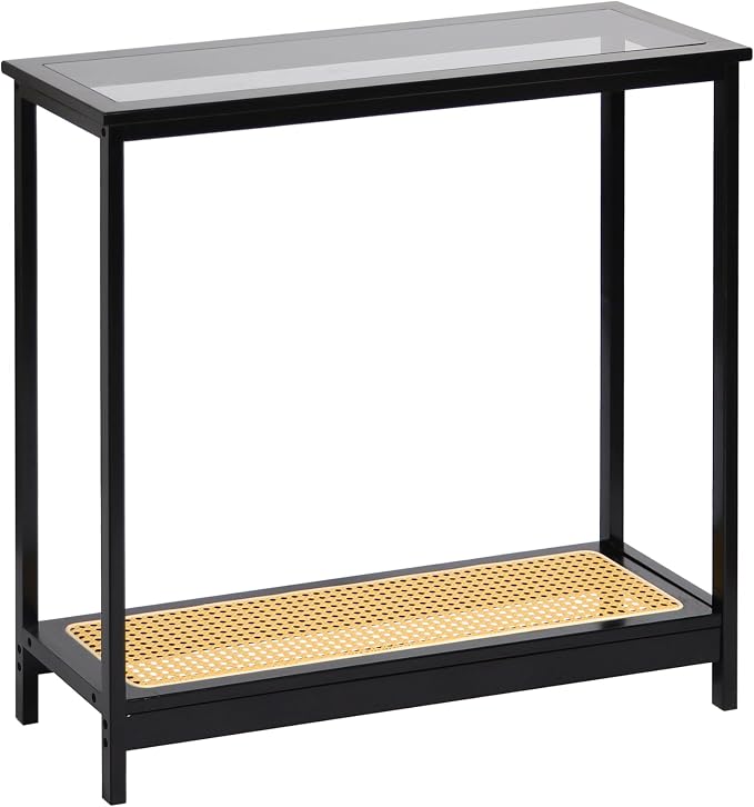 Bamboo Narrow Console Table, 31.5"(L) Wood Small Entryway Table with Rattan and Glass, Accent Slim Hallway Tables, Thin Sofa Side Tables for Hallway, Living Room, Bedroom, Foyer, Black