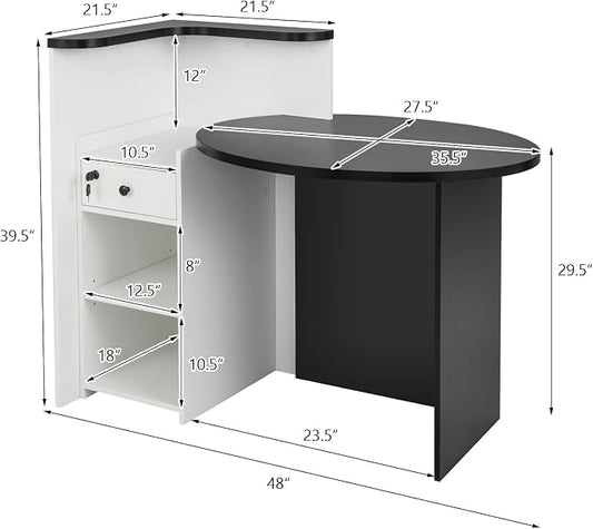 Reception Desk, Retail Checkout Counter w/Lockable Drawer & Open Shelves, Computer Workstation, Small Front Desk Reception Counter for Company Lobby Store Salon Office (Black & White)
