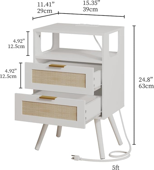JOONEE Rattan Nightstand with Charging Station,Farmhouse Bedside Table with 2 Storage Drawer and Open Wood Shelf, for Bedroom and Small Spaces,Night Stand with Solid Wood Legs (White-Outlet)