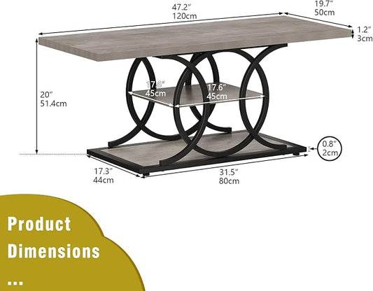 GiftGo Rustic Coffee Table with Storage Industrial 3 Tier Center Living Room Table Farmhouse Wooden Rectangle Cocktail Tea Table for Office Bedroom Elegant Full Moon Design (Vintage Gray, L-47)