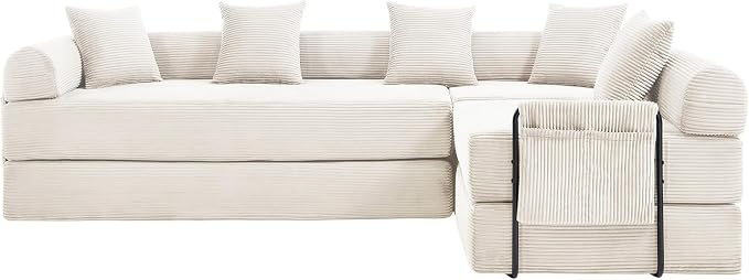 106" Oversized Convertible Sleeper Sofa Bed, Corduroy L Shape Sectional Couch, Folding Sofa Bed with Side Pocket, Modern Cloud Floor Mattress Couch, Modular Sofa for Living Room, Beige