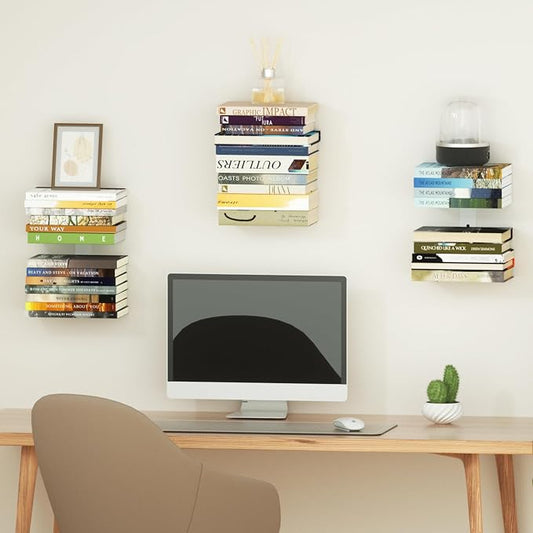 Mefirt Invisible Floating Bookshelves for Wall, 6 Tier Vertical Spine Book Tower, Heavy Duty Floating Book Shelves Metal Book Organizers for Home Office, 3 Pack(White)