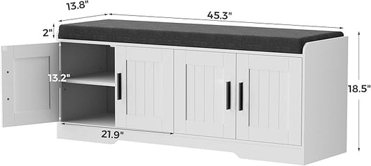 Homleke 2-Tier Storage Bench, Shoe Bench with Thickened Padded Seat Cushion, Entryway Bench with 4 Doors, Adjustable Shelf, 13.8" D x 45.3" W x 18.5" H, for Entryway, Living Room, Bedroom, White