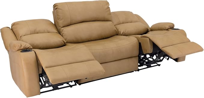 RecPro Charles 94" Powered Triple RV Wall Hugger Recliner Sofa with Drop Down Console, RV Furniture with Upgraded 2023 Suprima Leather Fabric Blend, Toffee