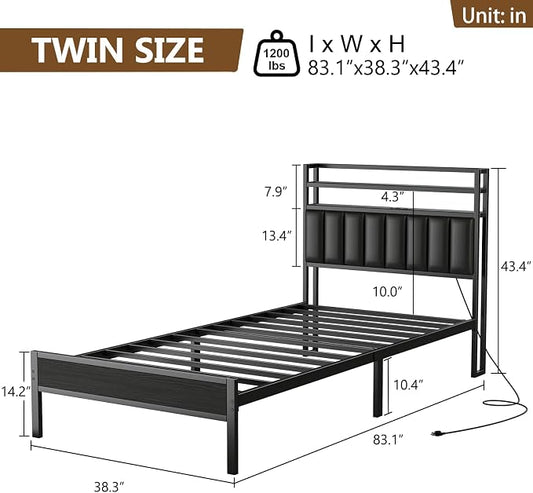 Twin Size Bed Frame with Upholstered Headboard and 2-Tier Storage Shelves | Metal / Charging Station / LED Lights / Under Bed Storage / Non-slip/ Noise Free / No Box Spring Needed / Black