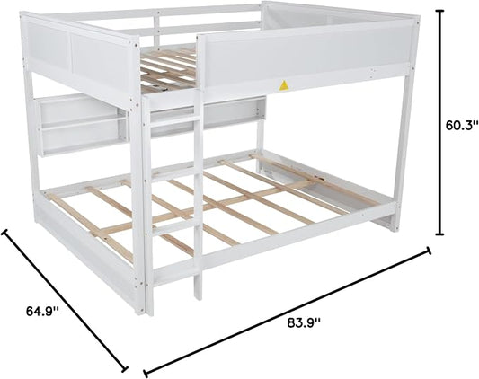 RUNNA Queen Over Queen Bunk Bed with Storage,Charging Station,White | Queen over queen bunk bed with storage cabinets,USB,solid wood frame,guardrails,no box spring needed,space saving, white