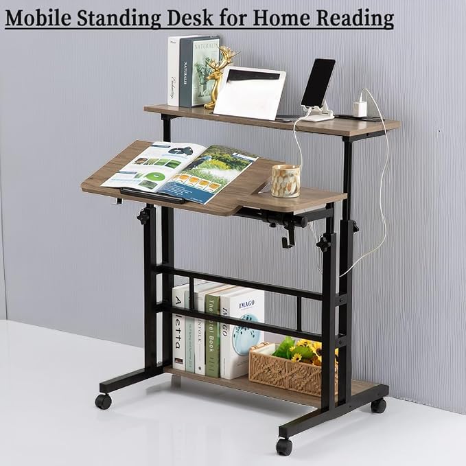 Hadulcet Rolling Stand Up Desk Adjustable Height - Portable Standing Desk with Wheels & Charging Station, Mobile Laptop Desk Small Standing Desk Drawing Table, Grey