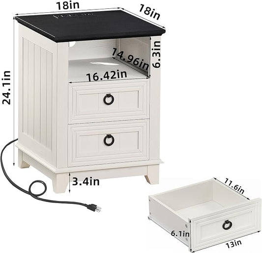 Joaxswe 18" Farmhouse Night Stand with Charging Station, 2 Drawers End Table Dresser for Bedroom, White Wooden Nightstand, Bed Side Table with Open Shelf, Bedside Cabinet for Living Room, Closet