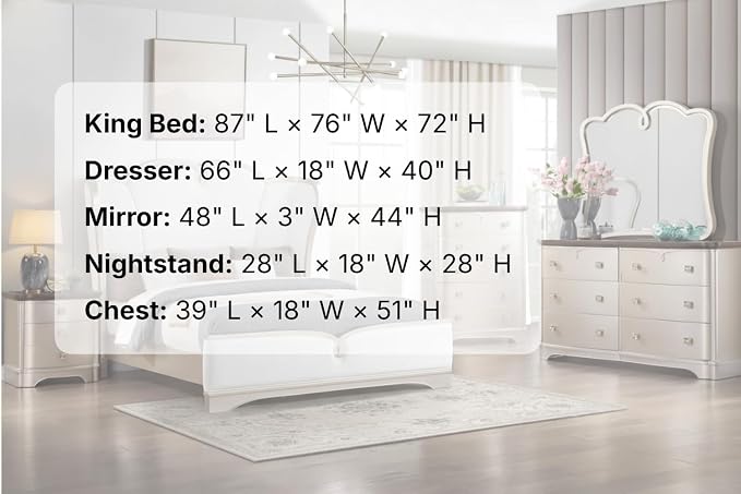 First of a Kind Rose Soft Champagne Finish Traditional 5 Piece King Bedroom Set with Upholstered Tufted Headboard Ornate European Style Coordinated Furniture Collection
