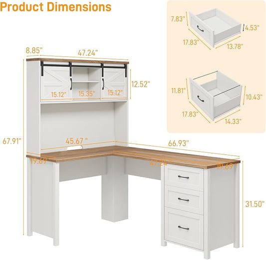 Vabches Farmhouse 68" H L Shaped Desk with Hutch,Office Table with 3 Drawers and Sliding Doors, Executive Desk with File Drawers, Wood Workstation for Home Office and Study