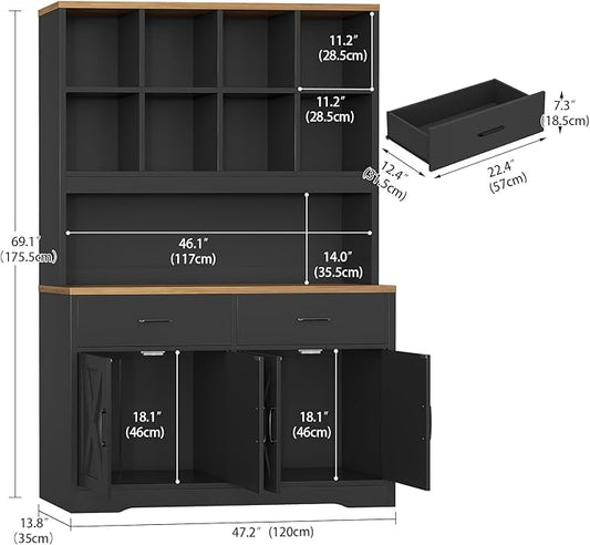 TEENFON Storage Cabinet with Doors and Drawers, Pantry Cabinets, 5 Tier Floor Standing Bookshelves, Bookshelf and Bookcase, 8 Open Storage Shelves and Printer Stand for Study, Living Room, Office