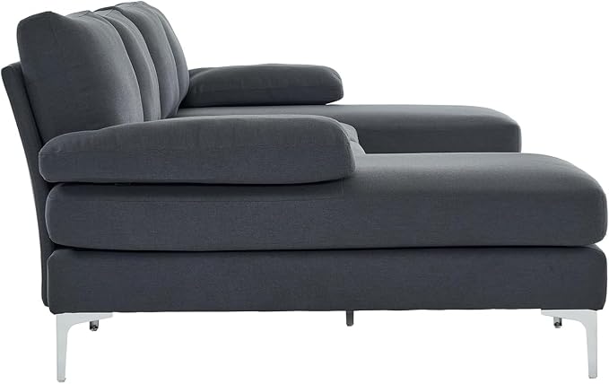 Karl home 110" Sectional Sofa U-Shaped 4-Seat Couch with Chaises Linen Fabric Upholstered for Living Room, Apartment, Office, Dark Gray