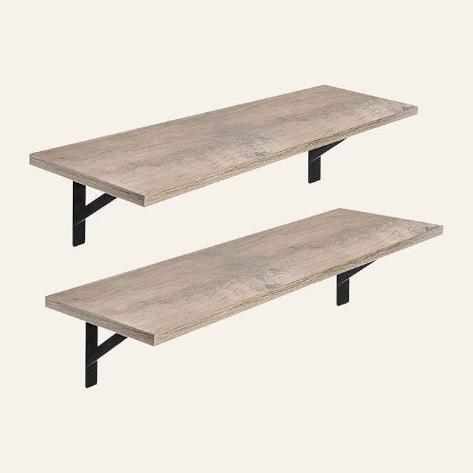 DINZI LVJ Wall Shelves, 23.6 x 7.9 x 6.1 Inch Floating Shelves for Wall, Set of 2, Easy-to-Install Wall Storage Ledges with Sturdy Metal Brackets for Living Room, Bathroom, Kitchen, Greige