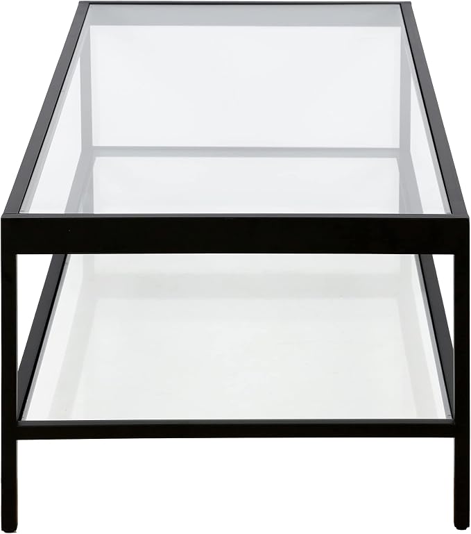 Henn&Hart 54" Wide Rectangular Rectangular Coffee Table in Blackened Bronze, Modern Rectangular Coffee Tables for living room, studio apartment essentials | Open lower shelf adds practical storage while the glass design keeps spaces feeling bright