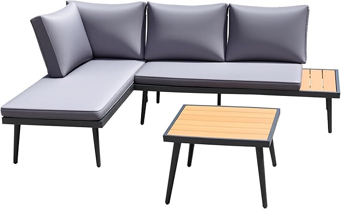 Devoko Patio Furniture Set,6 Pieces Outdoor Sectional Sofa with Cup Holder and 7.87in Wider Armrest, PE Wicker Backyard Couch Set with Coffee Table&Glass Tabletop for Deck, Porch