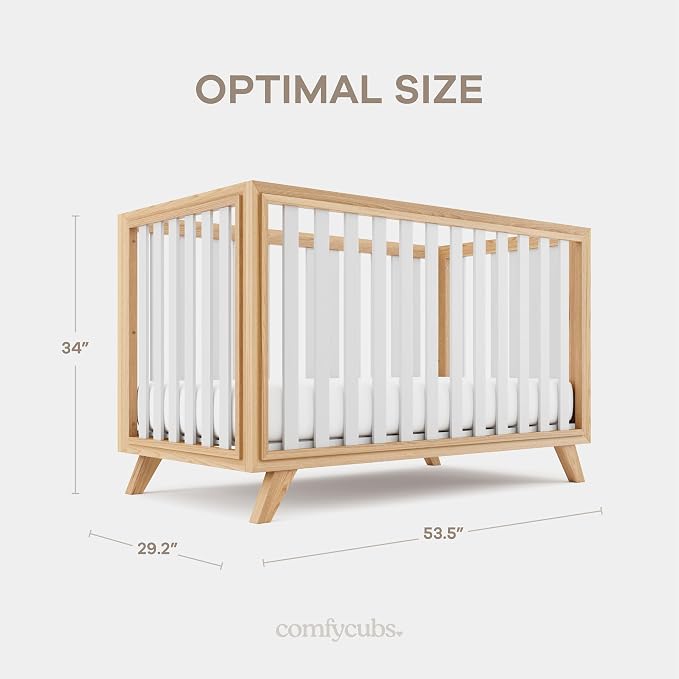 Comfy Cubs Baby Crib for 0 to 3 Years - Adjustable Mattress Height, Natural Wooden Crib for Baby, Elegant Nursery Furniture - 80 lbs Capacity Nursery Bed - White Bars with Natural Wood Frame and Legs